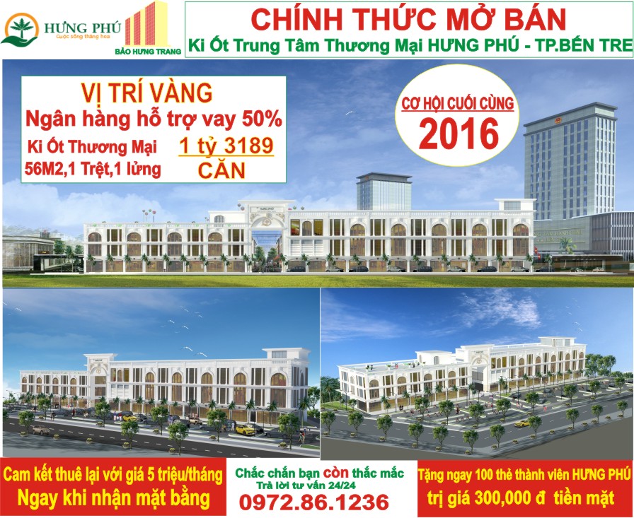 Mở bán Ki Ốt Thương Mại tại Trung tâm thương mại Hưng Phú Thành Phố Bến Tre 